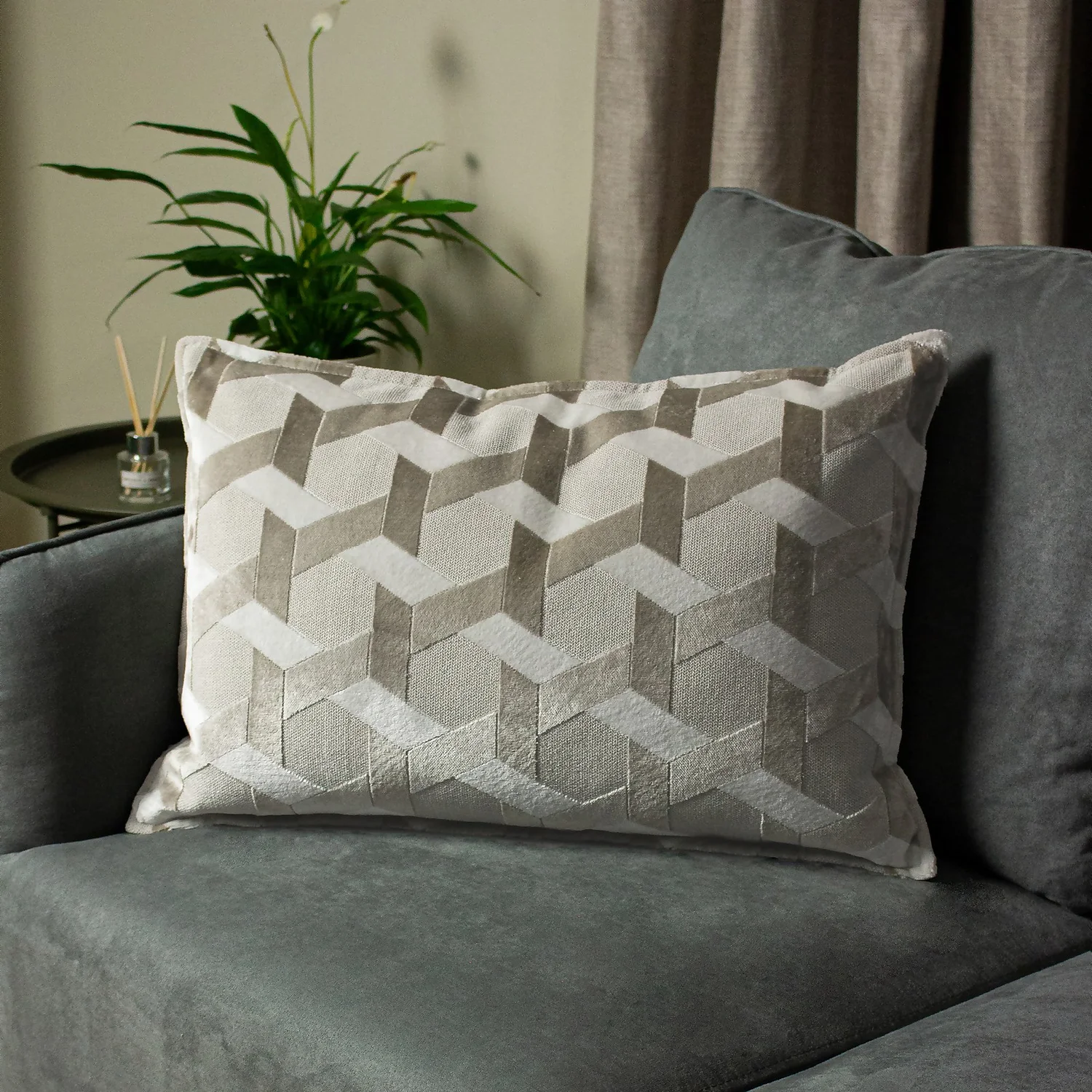 Jacquard Geometric Velvet Cushion - 30x50cm - Latte 2 Jacquard Geometric Velvet Cushion - 30x50cm - Latte - Image 2