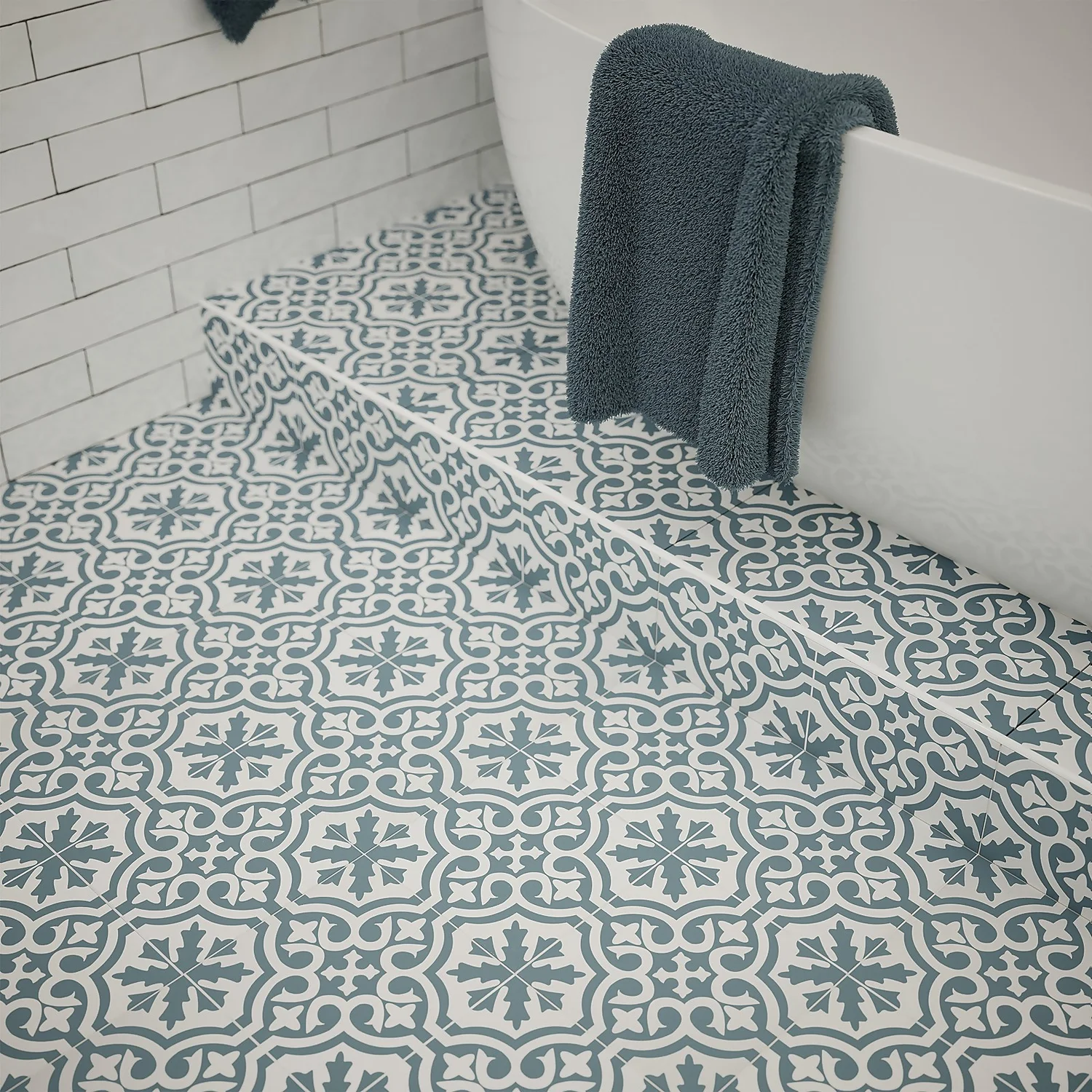 Fiore Teal / White Victorian Pre-scored Porcelain Wall & Floor Tile 450 X 450mm - 1.42sqm Pack 1 Fiore Teal / White Victorian Pre-scored Porcelain Wall & Floor Tile 450 X 450mm - 1.42sqm Pack