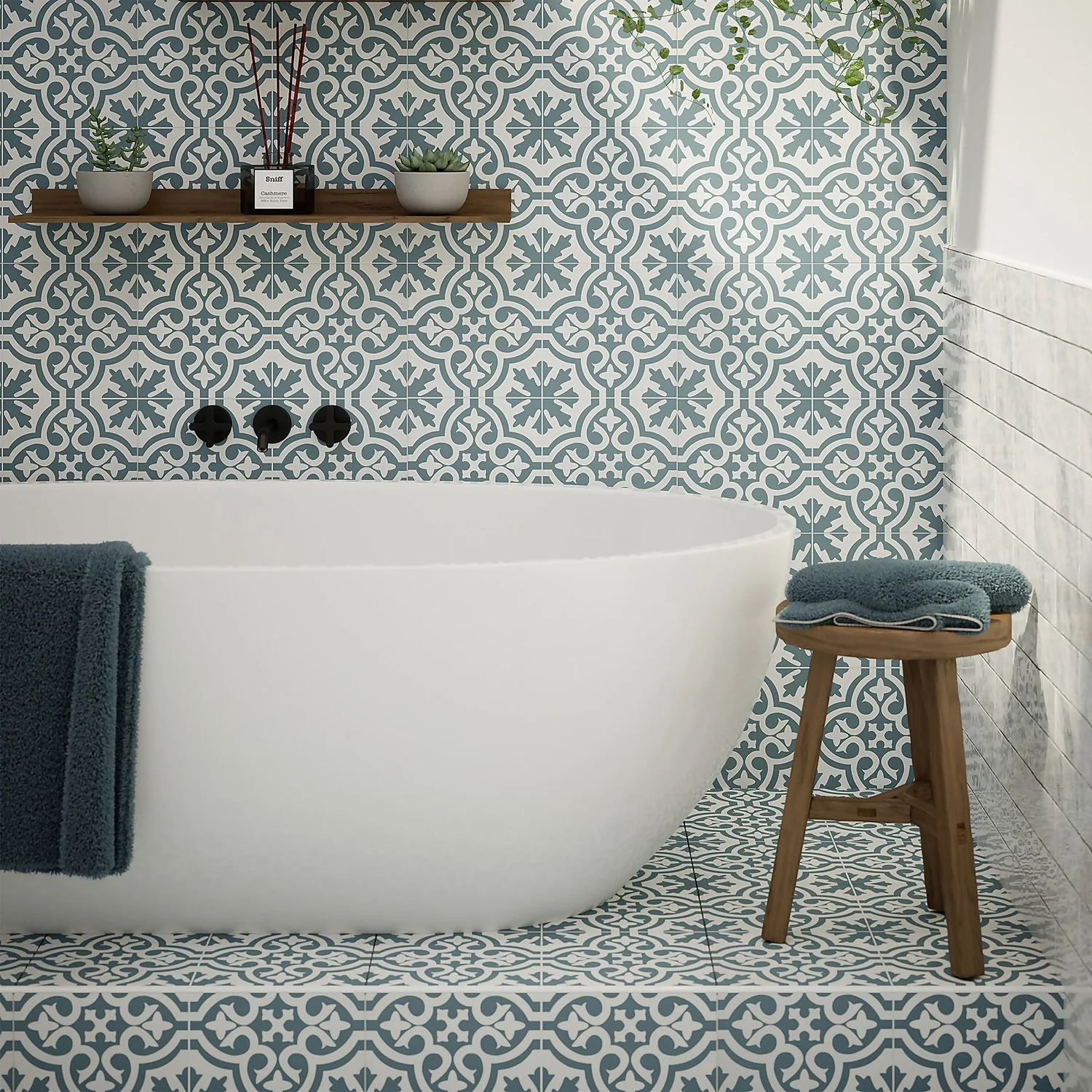 Fiore Teal / White Victorian Pre-scored Porcelain Wall & Floor Tile 450 X 450mm - 1.42sqm Pack 6 Fiore Teal / White Victorian Pre-scored Porcelain Wall & Floor Tile 450 X 450mm - 1.42sqm Pack - Image 6