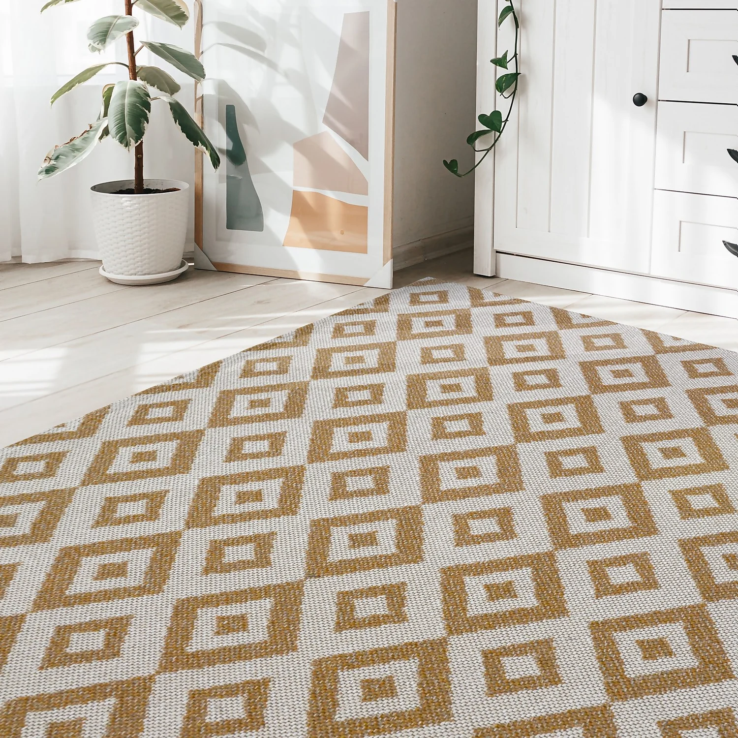 Recycled Cotton Geometric Rug - Ochre - 100x150cm 2 Recycled Cotton Geometric Rug - Ochre - 100x150cm - Image 2
