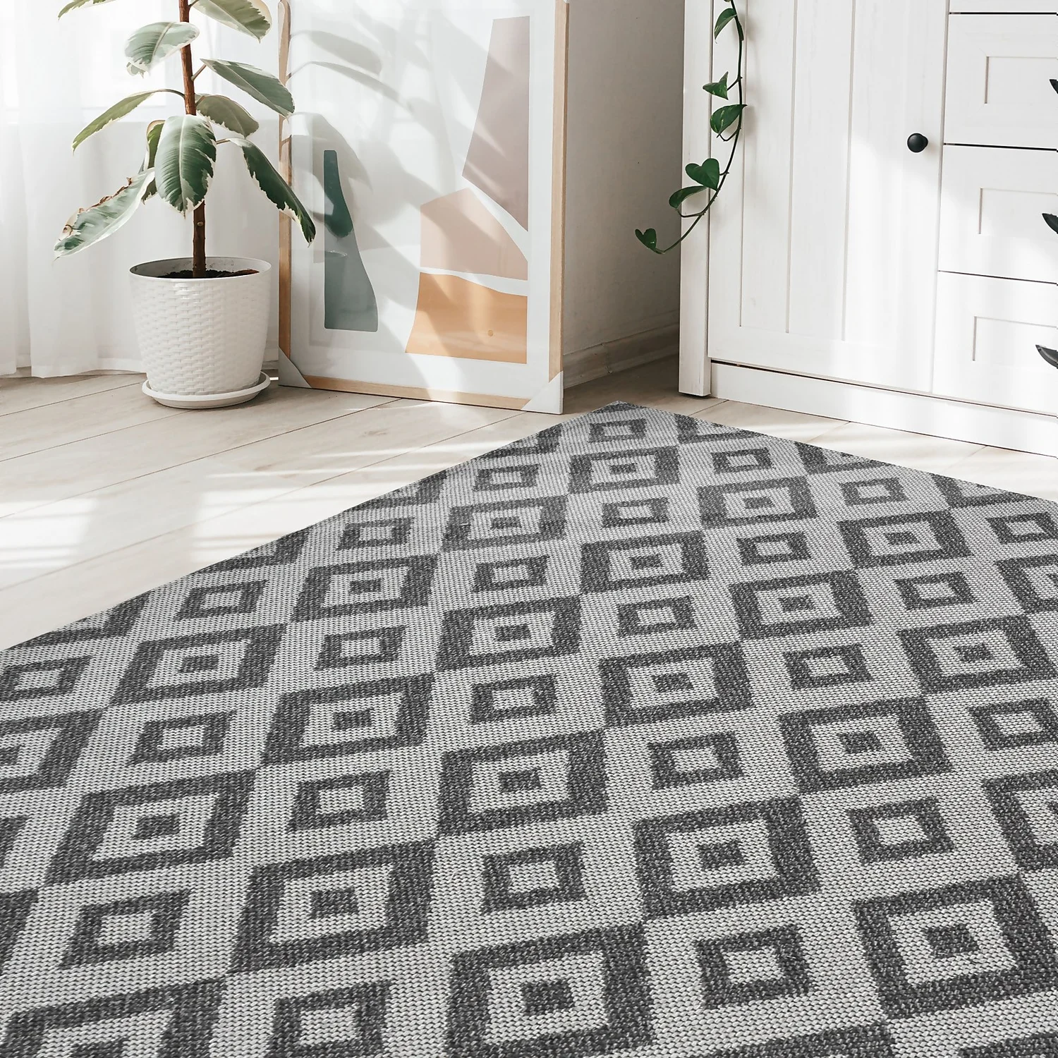 Recycled Cotton Geometric Rug - Grey - 160x230cm 2 Recycled Cotton Geometric Rug - Grey - 160x230cm - Image 2